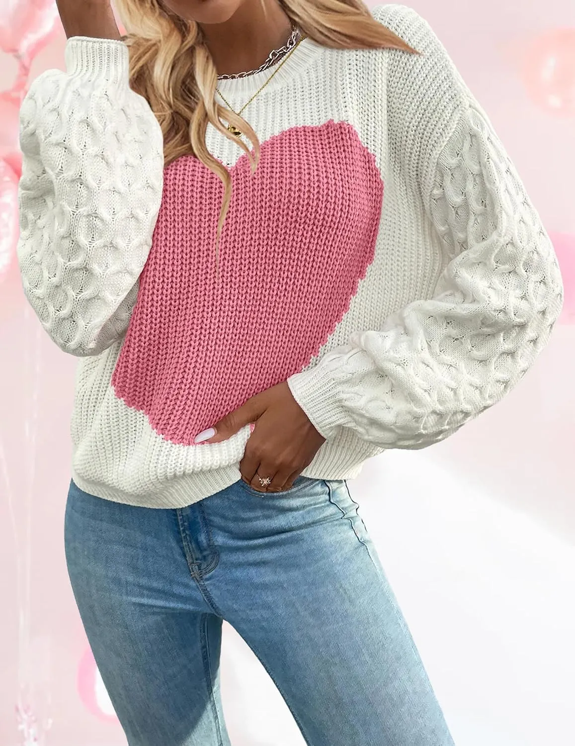 Womens Oversized Cute Heart Sweater Spring 2025 Lightweight Crewneck Cable Knit Sleeve Pullover Top
