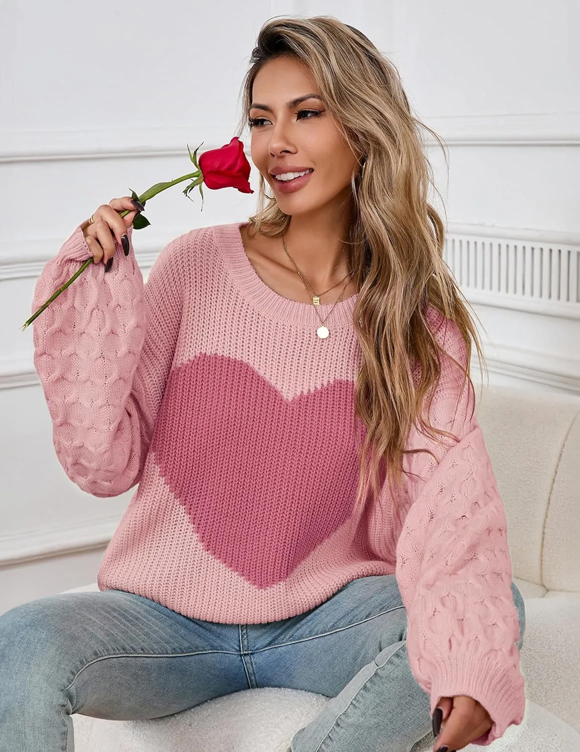 Womens Oversized Cute Heart Sweater Spring 2025 Lightweight Crewneck Cable Knit Sleeve Pullover Top