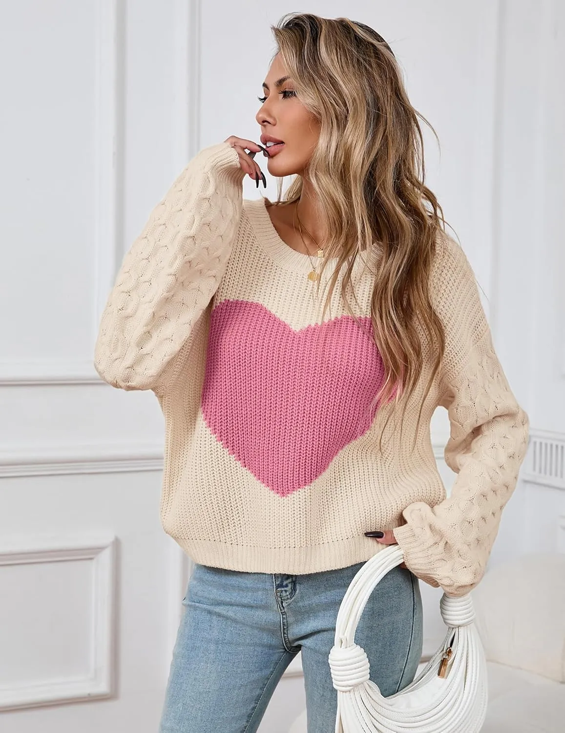 Womens Oversized Cute Heart Sweater Spring 2025 Lightweight Crewneck Cable Knit Sleeve Pullover Top