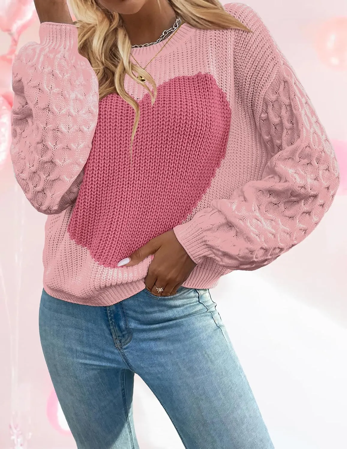 Womens Oversized Cute Heart Sweater Spring 2025 Lightweight Crewneck Cable Knit Sleeve Pullover Top