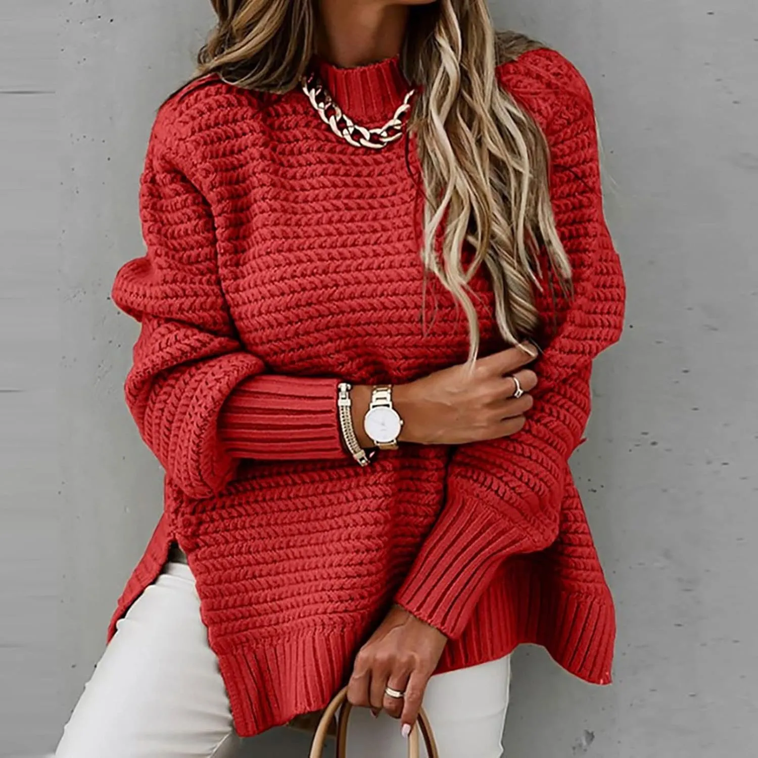 Womens Oversized Sweater Long Sleeve Spilt Hem Pullover Sweaters Cable Knit Chunky Jumper Tops Cozy Soft Knitwear