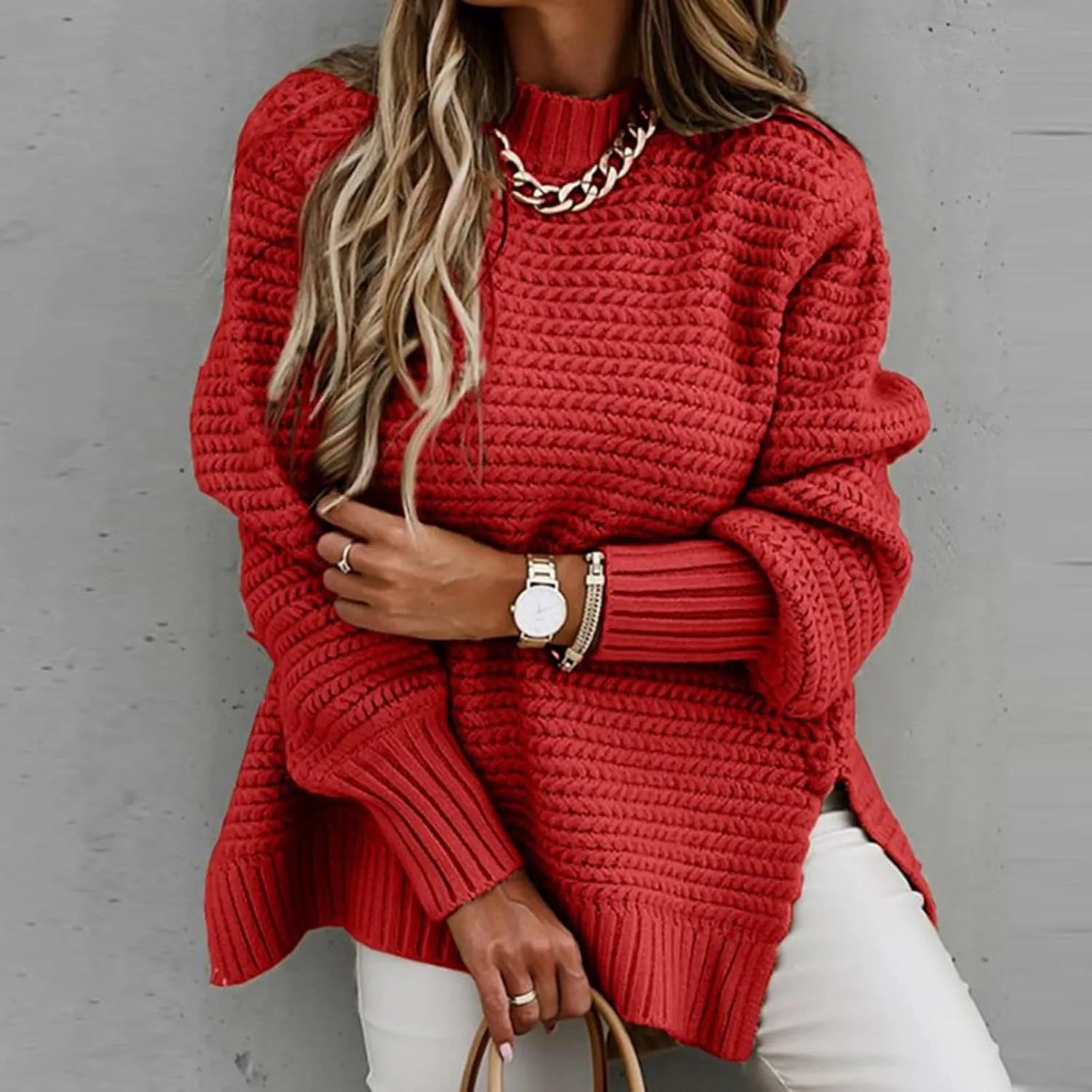 Womens Oversized Sweater Long Sleeve Spilt Hem Pullover Sweaters Cable Knit Chunky Jumper Tops Cozy Soft Knitwear