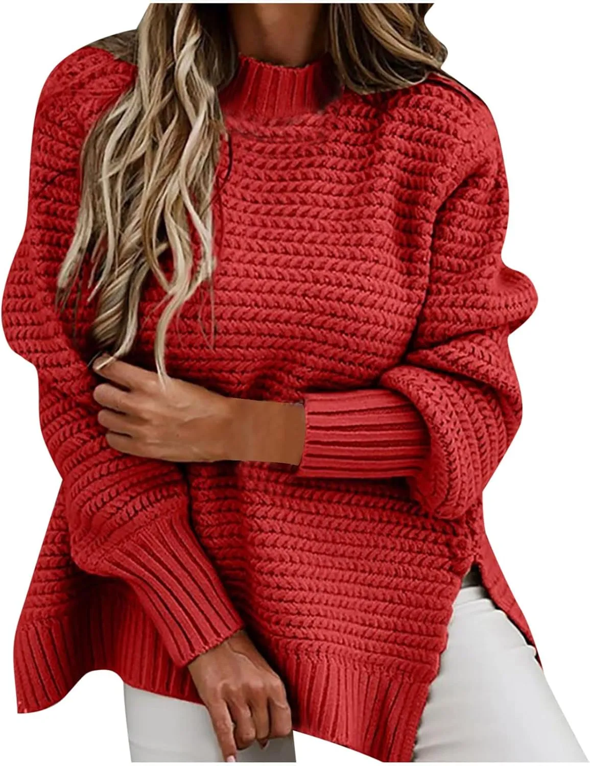 Womens Oversized Sweater Long Sleeve Spilt Hem Pullover Sweaters Cable Knit Chunky Jumper Tops Cozy Soft Knitwear