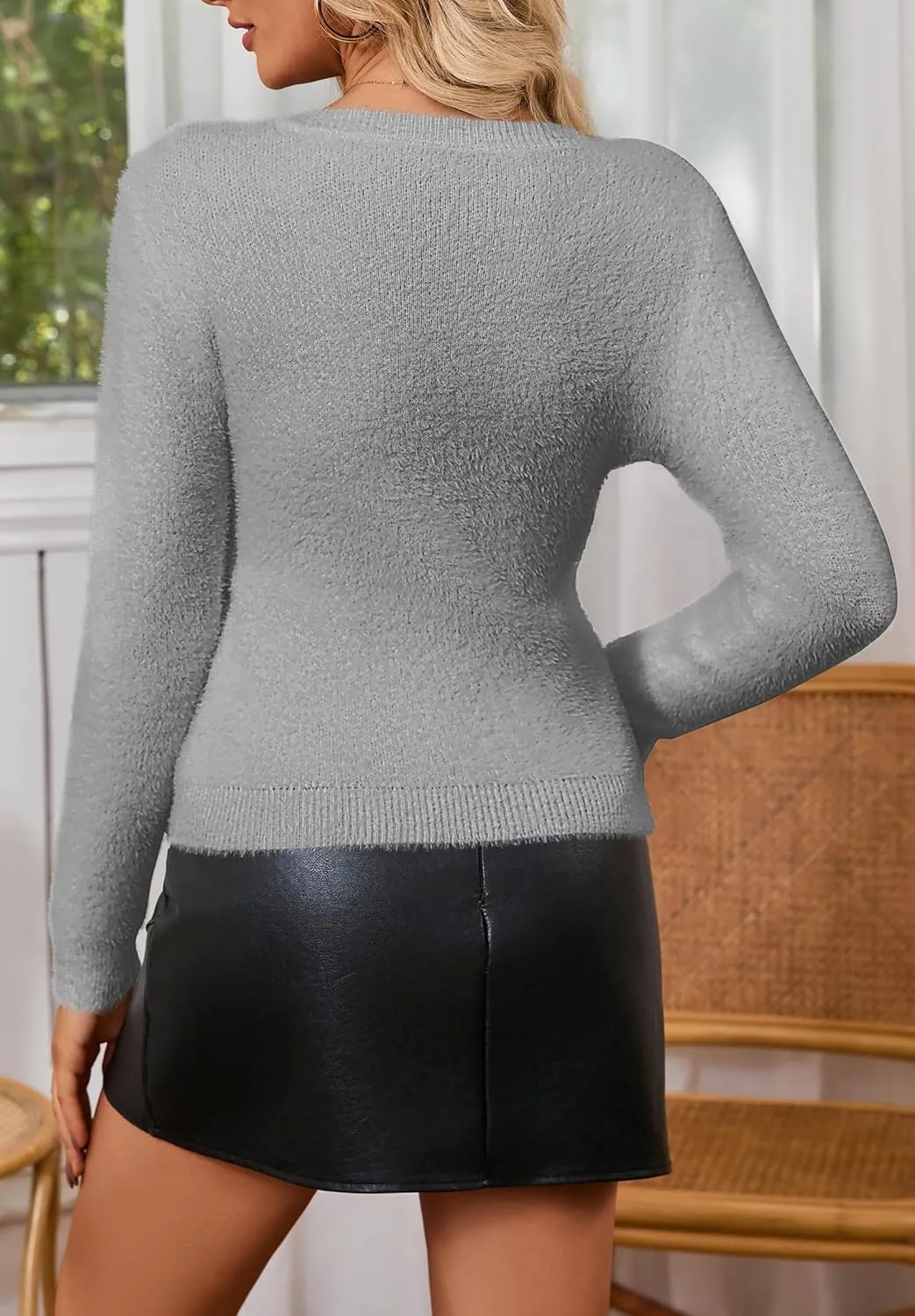 Women's Pullover Sweater Furry Cropped Long Sleeve V-Neck Loose Warm Knit Outwear Casual Sweater Tops
