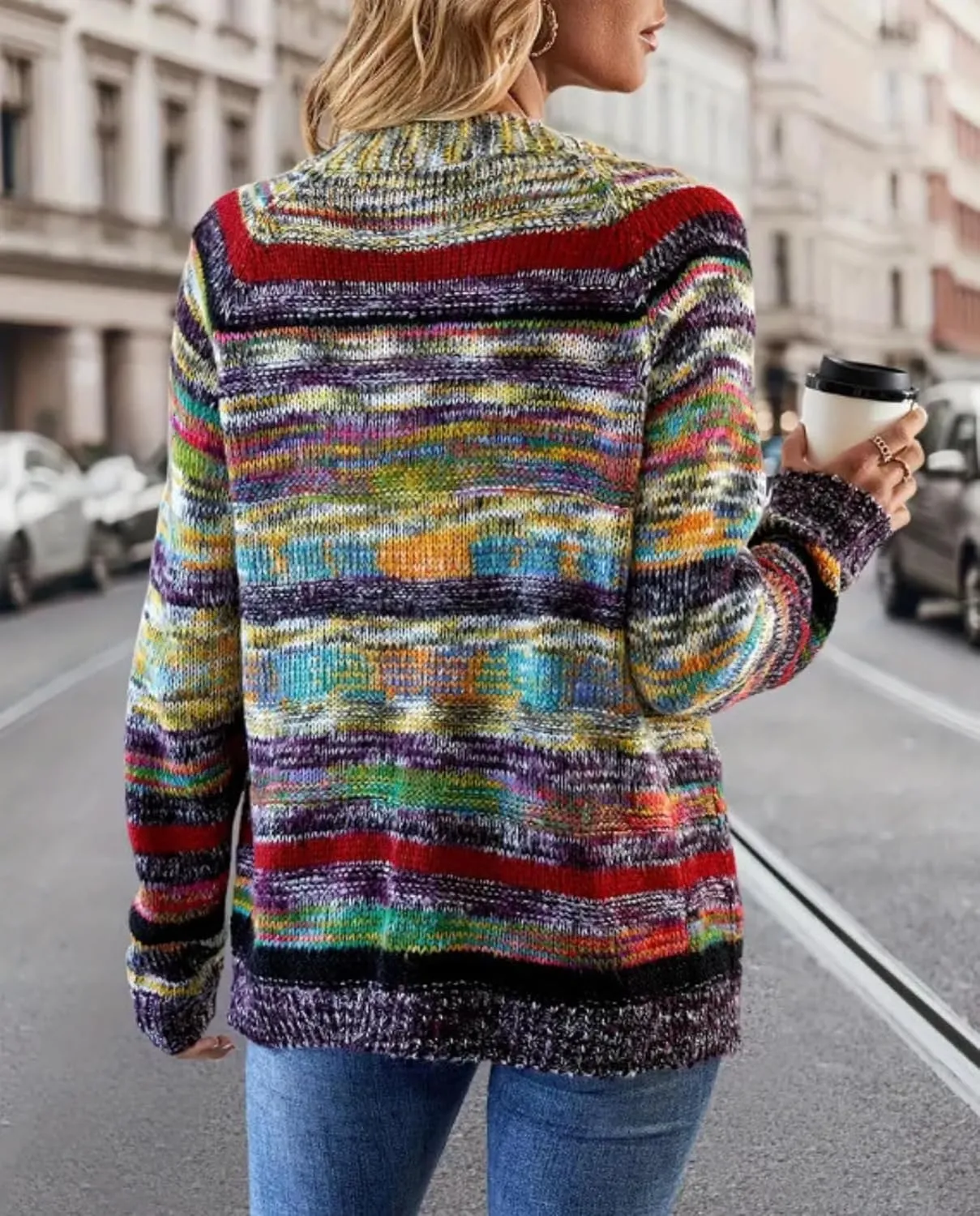Women's Rainbow Striped Cardigan Sweater Chunky Long Sleeve Multicolor Open Front Sweater Soft Outerwear Coats