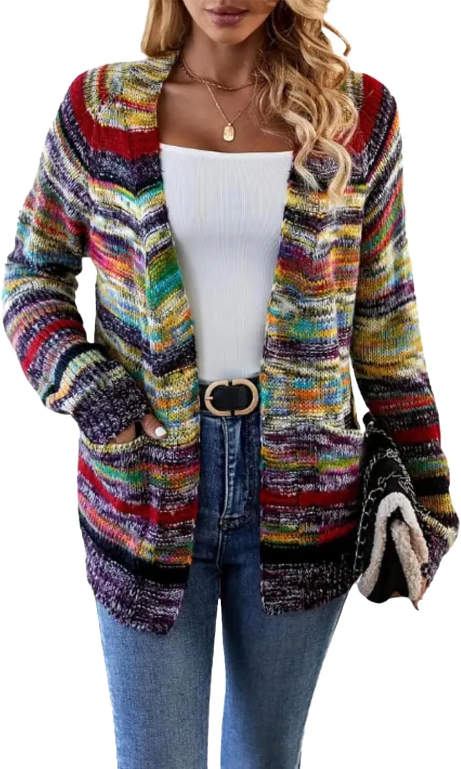 Women's Rainbow Striped Cardigan Sweater Chunky Long Sleeve Multicolor Open Front Sweater Soft Outerwear Coats