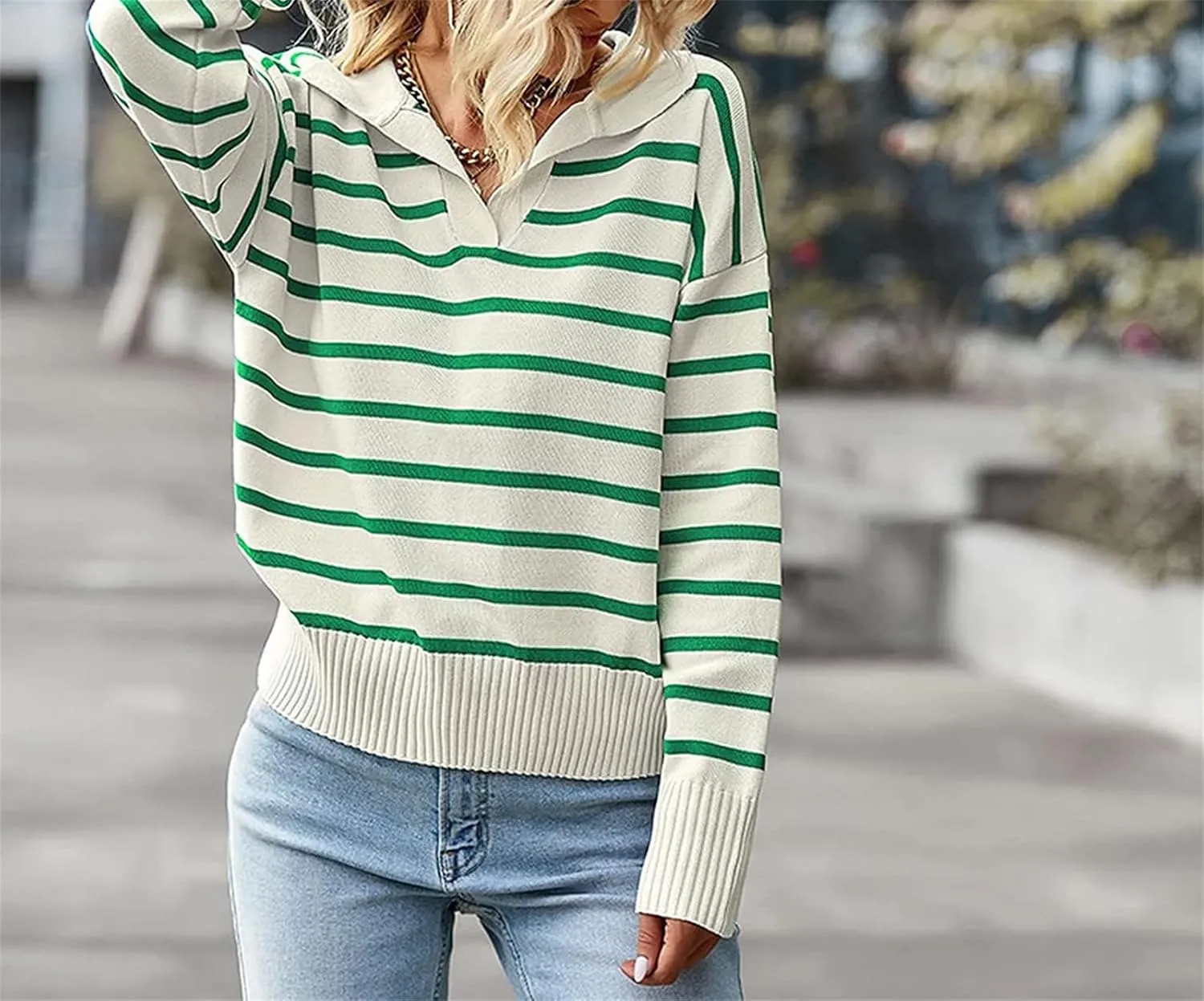Womens Striped Sweaters Lapel Cable Knitted Casual Pullover V Neck Color Block Jumper Long Sleeve Loose Soft Tops