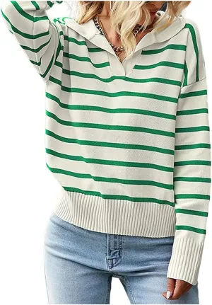 Womens Striped Sweaters Lapel Cable Knitted Casual Pullover V Neck Color Block Jumper Long Sleeve Loose Soft Tops