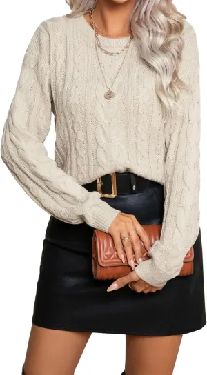 Womens Sweater Crew Neck Ribbed Knit Pullover Tops Elegant Casual Cable Knit Sweater for Women
